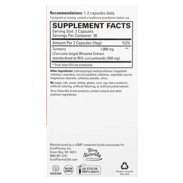 Куркума, Turmeric 50X, Terry Naturally, висока ефективність, 1000 мг, 60 капсул (500 мг на капсулу)