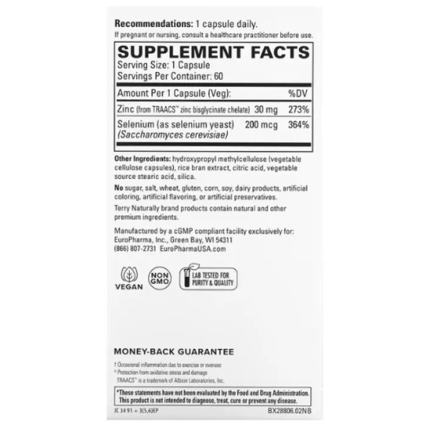 Цинк плюс Селен, Zinc Plus Selenium, Terry Naturally, 60 капсул