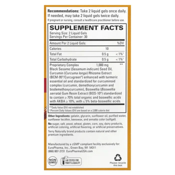 Курамед, CuraMed, Terry Naturally, зниження гострого болю, 375 мг, 60 рідких капсул