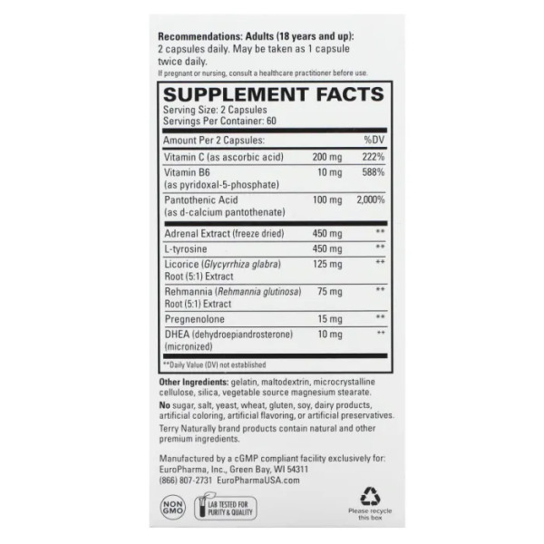 Адренаплекс, Adrenaplex, EuroPharma, Terry Naturally, підтримка надниркових залоз, 120 капсул