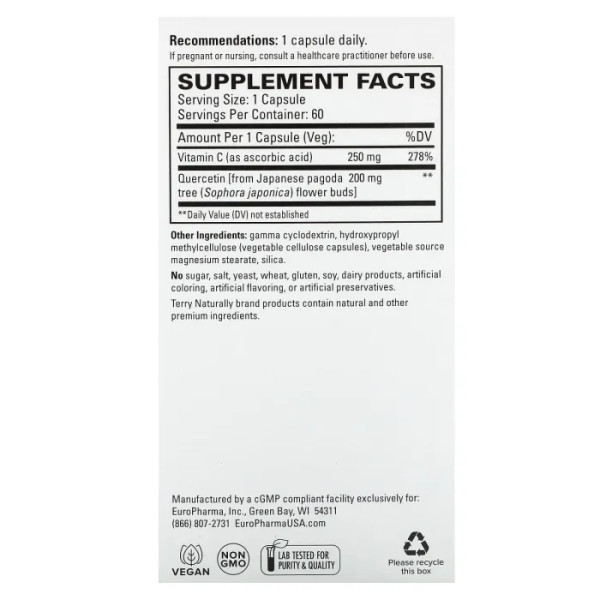 Кверцетин із вітаміном С, Quercetin with Vitamin C, Terry Naturally, підвищена сила, 60 капсул