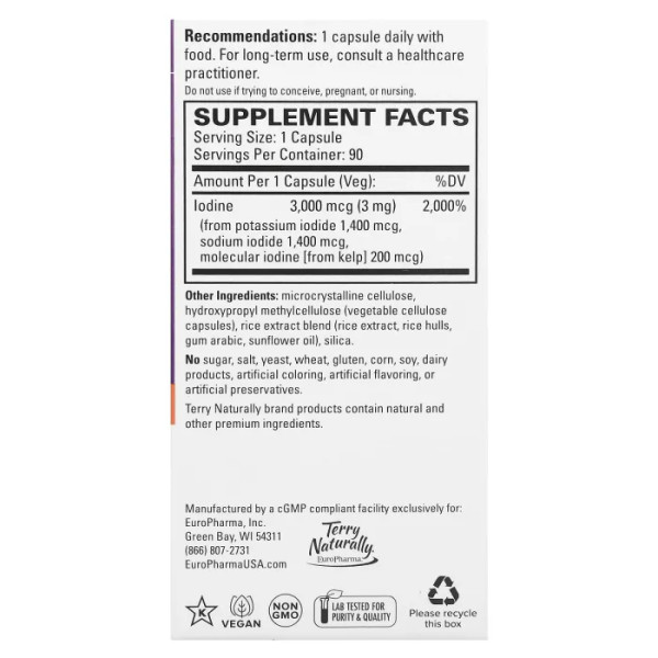 Йод, Tri-Iodine, Terry Naturally, три форми йоду, 3 мг, 90 капсул