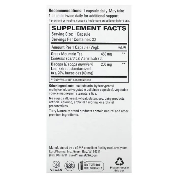 Гірський чай грецький + бакопа, Greek Mountain Tea + Bacopa, Terry Naturally, 30 капсул