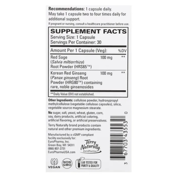 Червона шавлія з червоним женьшенем, Red Sage Plus With HRG80 Red Ginseng, Terry Naturally, 30 капсул