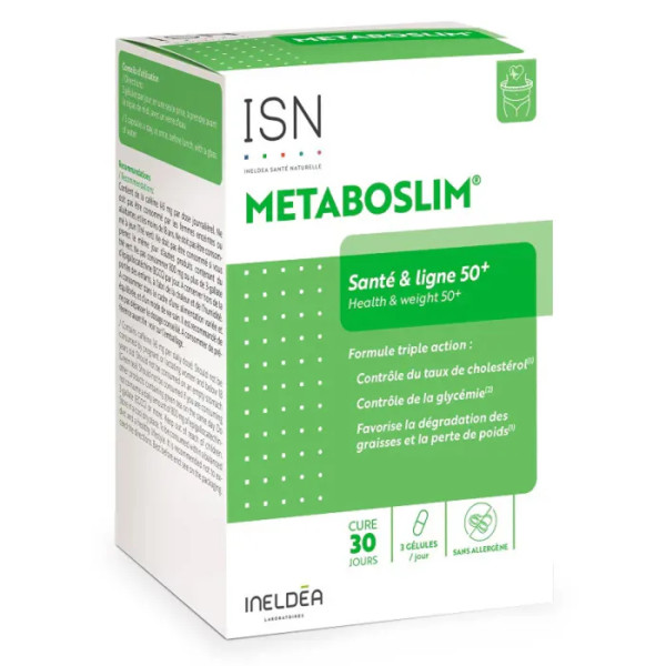 МЕТАБОСЛІМ 50+, METABOSLIM Complex®, INELDEA SANTE NATURELLE, розщеплення жиру, схуднення, контроль рівня цукру та холестерину, 90 вегетаріанських капсул