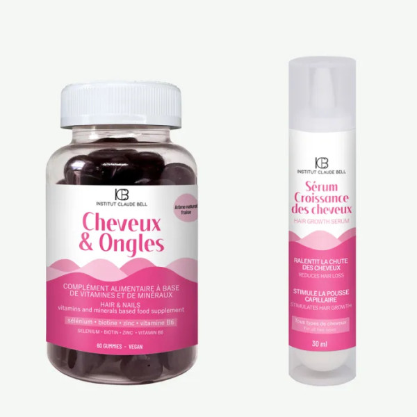 Набір для волосся та нігтів, Duo In & Out, Institut Claude Bell, Вітаміни для волосся та нігтів + Сироватка для волосся, 60 жувальних цукерок + 30 мл