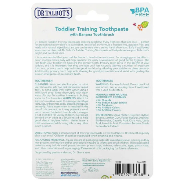 Зубна паста для малюків та зубна щітка Банан, Toddler Training Toothpaste with Banana Toothbrush, Dr. Talbot's, тутті фрутті, набір з 2 предметів