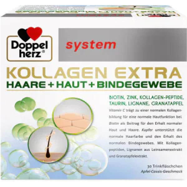 Колаген Екстра, Collagen Extra drinking solution, Doppelherz System, питний комплекс, яблука та чорна смородина, 30 флаконів по 25 мл