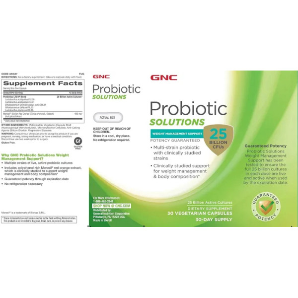 Пробіотик + управління вагою, Probiotic Solutions Weight Management, GNC, 25 млрд. КУО, 30 вегетаріанських капсул