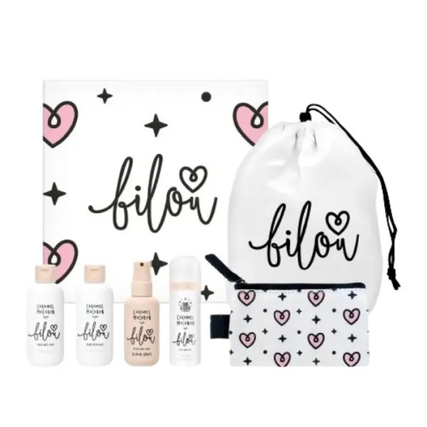 Подарунковий набір 4 в 1, Reiseset 4 in 1, Bilou, для волосся та тіла, карамельний макарун, шампунь для волосся + кондиціонер для волосся + спрей для волосся + пінка для душу + косметичка