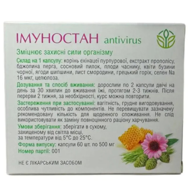 Імуностан - ANTIVIRUS, Рослина Карпат, природний захист від вірусів та підтримка імунітету, 500 мг, 60 капсул