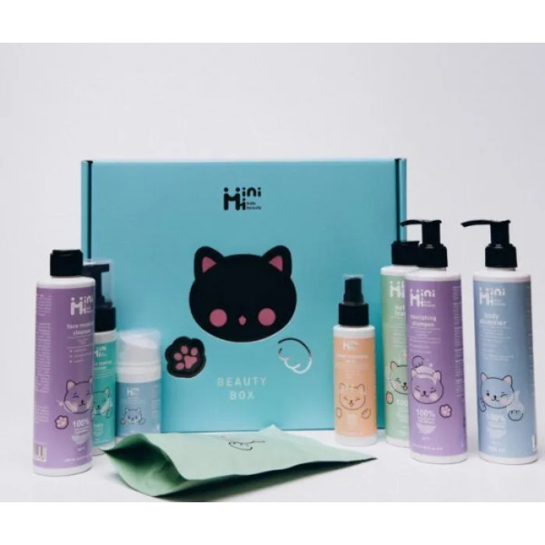 Набір Beauty box, Minimi, 8 продуктів (скраб для тіла, шампунь, спрей для легкого розчісування, піна для ванної, пінка для вмивання, міцелярна вода, лосьйон для тіла, тканинна маска для обличчя)