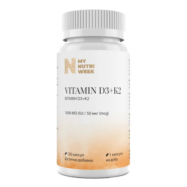 Вітамін D3+K2, Vitamin D3+K2, My Nutri Week, 1000 МО\/50 мкг, 120 капсул