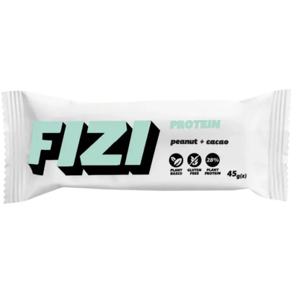Батончик протеїновий, Protein Peanut + cacao, Fizi, арахіс з какао, без глазурі, веганський, без глютену та цукру, 1 шт (45 г)