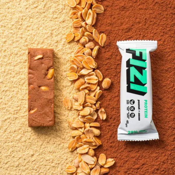 Батончик протеїновий, Protein Peanut + cacao, Fizi, арахіс з какао, без глазурі, веганський, без глютену та цукру, 1 шт (45 г)