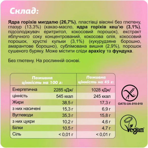 Батончик протеїновий, Birthday Cake Cookie dough + Cherry, Fizi, святковий торт з мигдалем та вишнею, у білому шоколаді, веганський, без глютену та цукру, 1 шт (45 г)