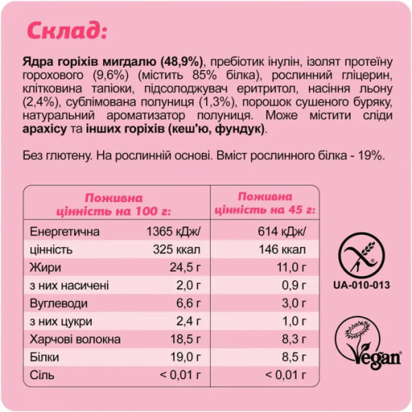 Батончик протеїновий, Кето Strawberry + Almond, Fizi, полуниця та мигдаль, без глазурі, з пребіотиком, веганський, без глютену та цукру, 1 шт (45 г)
