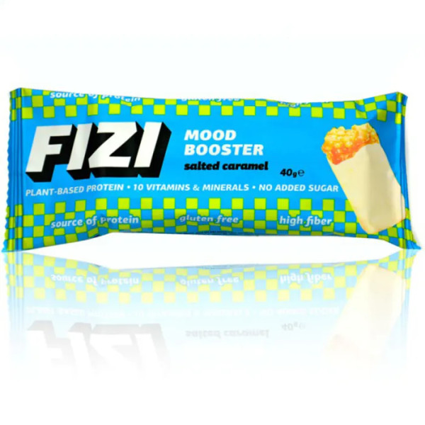 Протеїновий батончик, Mood Booster, Fizi, солона карамель, у білому шоколаді, веганський, без глютену та цукру, 1 шт (40 г)