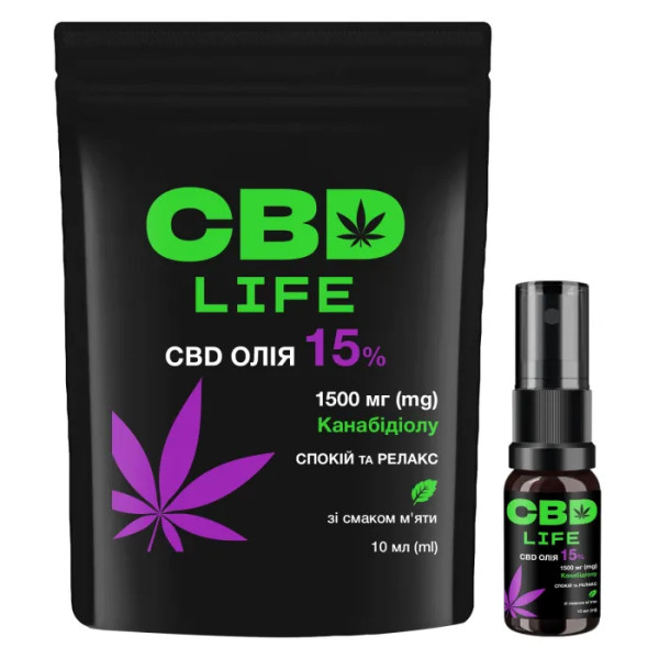 Олія з канабідіолом, CBD-масло 15%, CBD life, спокій та розслаблення, канабідіол 1500 мг, зі смаком м'яти, 10 мл