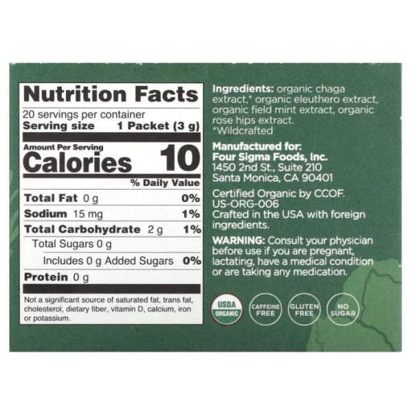Суміш-еліксир із грибом чага та елеутерококом для підтримки імунітету, Elixir Mix With Chaga Mushroom & Eleuthero, Four Sigmatic, органік, 20 пакетиків по 3 г