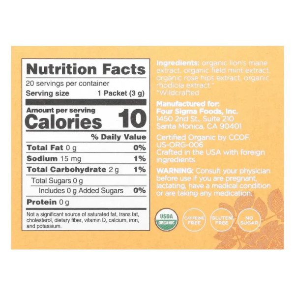 Суміш-еліксир з грибом їжовиком гребінчастим і родіолою для концентрації та ясності розуму, Elixir Mix With Lion's Mane Mushroom & Rhodiola, Four Sigmatic, органік, без кофеїну, 20 пакетів по 3 г