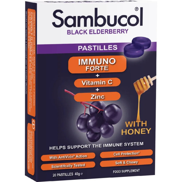 Чорна бузина + Вітамін С + Цинк, Black Elderberry, Immuno Forte, Sambucol, з медом, 20 льодяників