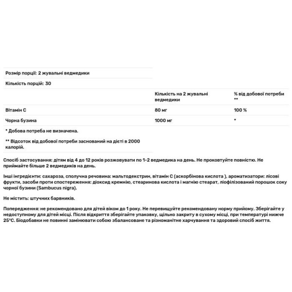 Чорна бузина + Вітамін С, Black Elderberry, Sambucol, для дітей від 4 до 12 років, 60 жувальних ведмедиків