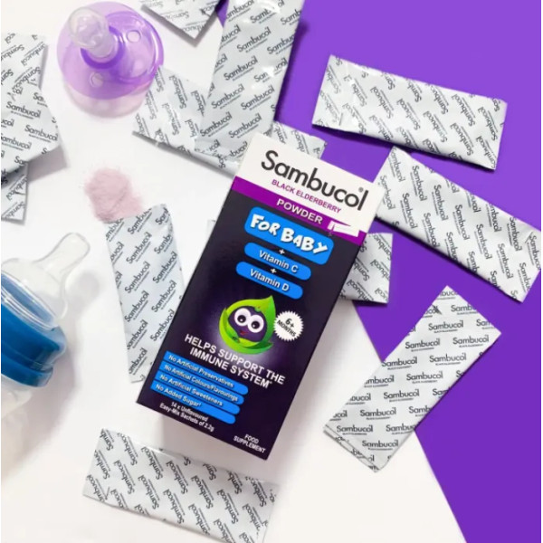 Чорна бузина + Вітамін С та D, Baby Powder №14, Black Elderberry + Vitamin C and D, Sambucol, для дітей від 6 до 36 місяців, 14 саше
