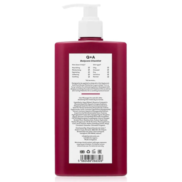 Засіб для інтенсивного зволоження тіла, Hyaluronic Acid Post-Shower Moisturiser, Q+A, з гіалуроновою кислотою, 250 мл