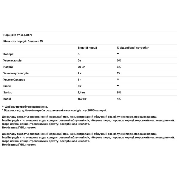 Суперфуд із моря, натуральний, Natural Superfood From The Sea, True Sea Moss, морський мох, яблуко та кориця, 473 г