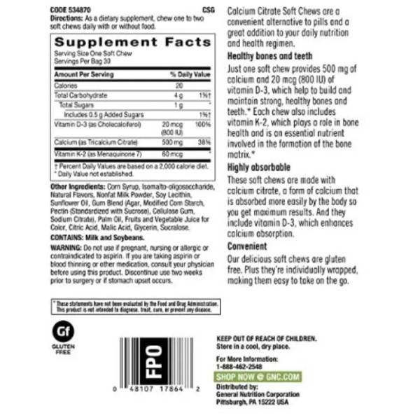 Комплекс для кісток і зубів, Calcium Citrate, GNC, смак ягід і вершків, 30 жувальних цукерок