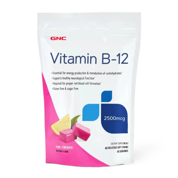 Вітамін В-12, Vitamin B-12, GNC 2500 мкг, рожевий лимонад, 60 жувальних цукерок