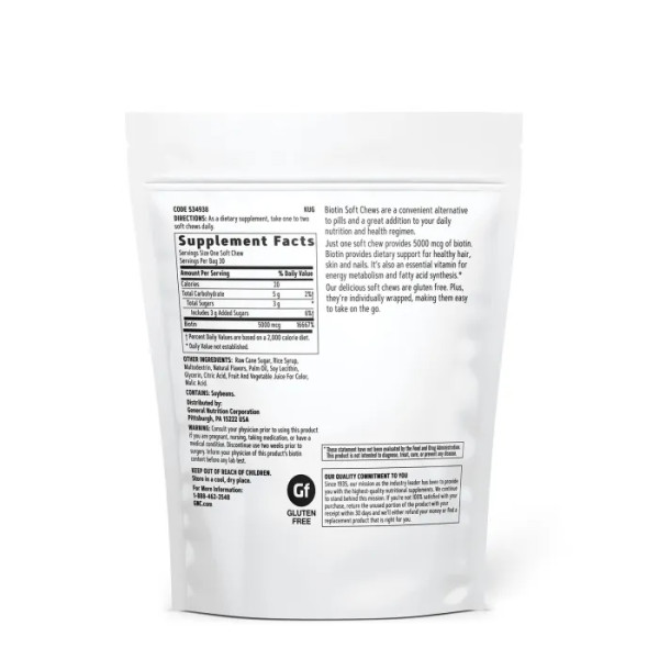 Біотин, Biotin, GNC, 5000 мкг, смак ягід, 30 жувальних цукерок