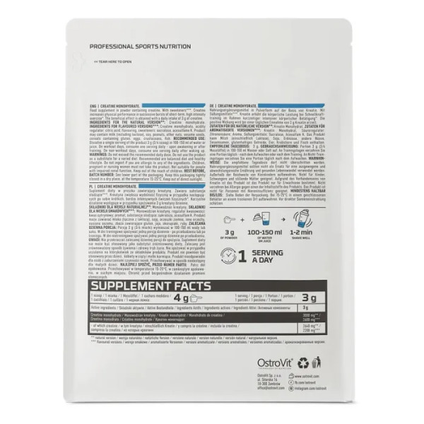 Креатин моногідрат, Creatine Monohydrate, OstroVit, натуральний смак, 3000 мг, 500 г