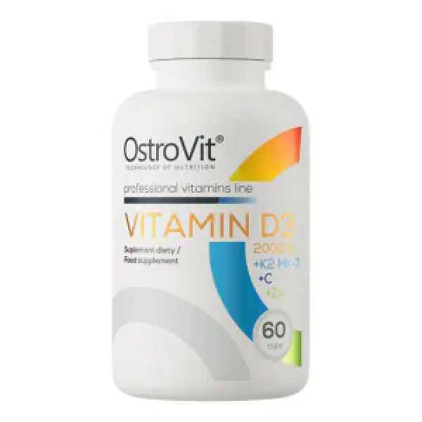 Вітамін D3 + K2 (MK-7) + С + цинк, Vitamin D3 2000 IU + K2 MK-7 + C + Zn, OstroVit, 2000 МО, 60 капсул
