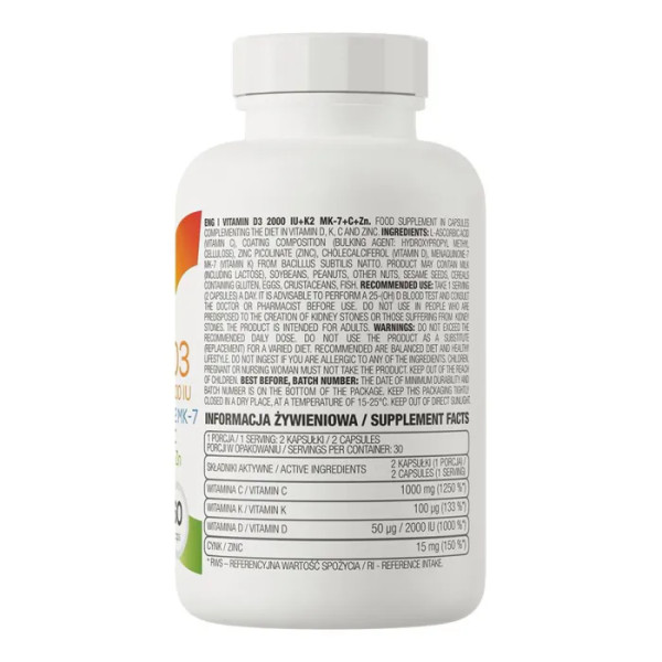 Вітамін D3 + K2 (MK-7) + С + цинк, Vitamin D3 2000 IU + K2 MK-7 + C + Zn, OstroVit, 2000 МО, 60 капсул