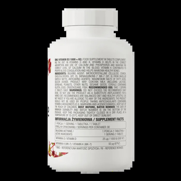 Вітамін D3+K2, Vitamin D3 1000 IU+K2, OstroVit, 1000 МО, 90 таблеток