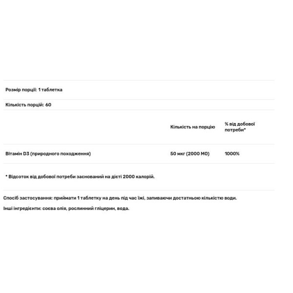 Вітамін D3, Vitamin D3, Progress Nutrition, 2000 МО, 60 таблеток