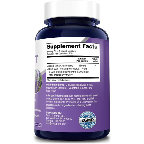 Вітекс священний, екстракт плодів, Vitex Fruit, NusaPure, для жінок, 20:1, 9000 мг, 200 веганських капсул