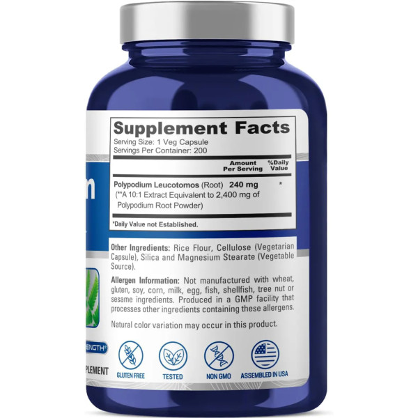 Поліпідіум, здоров'я шкіри, Polypodium Leucotomos Extract, NusaPure, 2400 мг, 200 вегетаріанських капсул