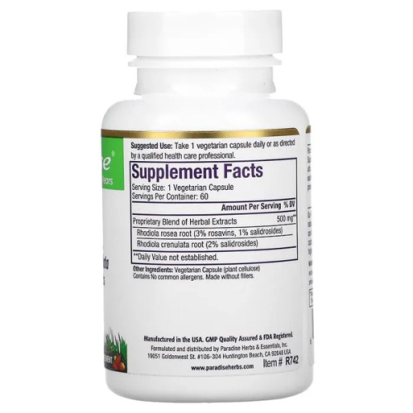 Родіола подвійної дії, Rhodiola, Paradise Herbs, 60 кап.