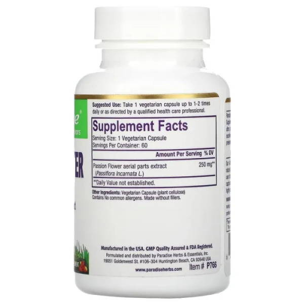 Страстоцвет, Passion Flower, Paradise Herbs, 60 капсул