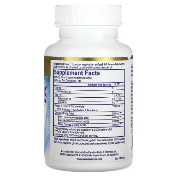 Омега-3 риб'ячий жир, Omega-3 Fish oil, Paradise Herbs, вища якість, 1000 мг, 30 вегетаріанських капсул