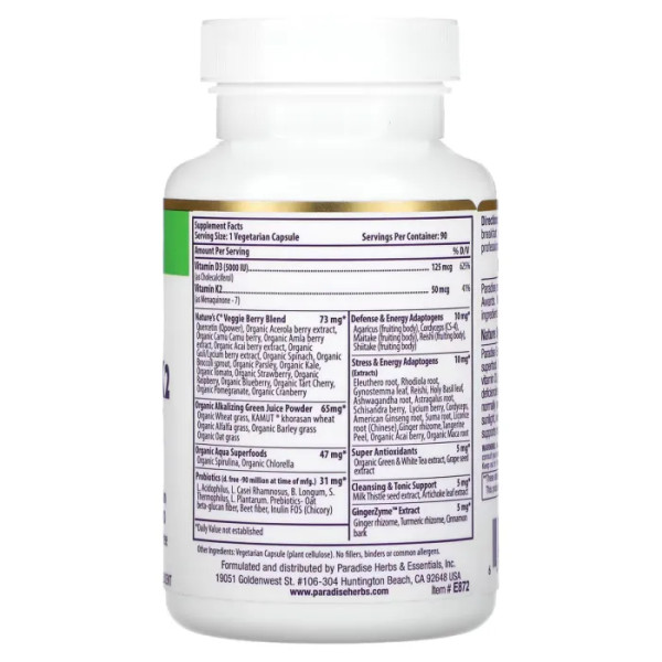 Вітаміни D3 та K2, Vitamin D3 + K2, Paradise Herbs, Earth's Blend, 90 вегетаріанських капсул
