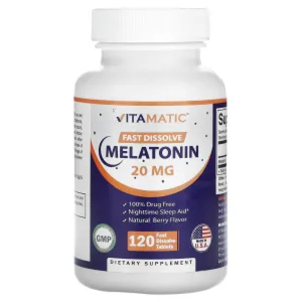 Мелатонін, Fast Dissolve Melatonin, Vitamatic, швидкорозчинний, зі смаком ягід, 20 мг, 120 швидкорозчинних таблеток