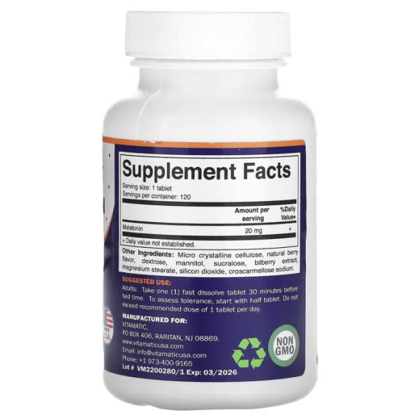 Мелатонін, Fast Dissolve Melatonin, Vitamatic, швидкорозчинний, зі смаком ягід, 20 мг, 120 швидкорозчинних таблеток