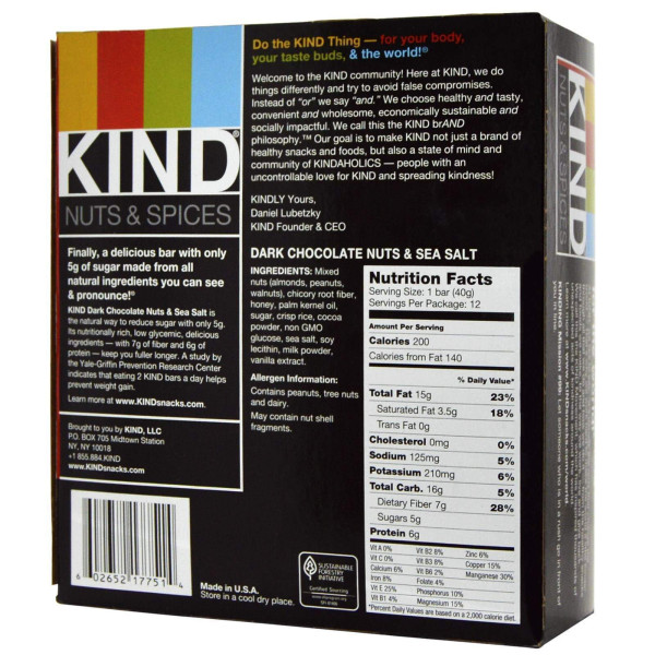 Батончики з темним шоколадом, горіхами і морською сіллю, KIND Bars, Nuts & Spices, 12 бат.