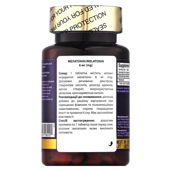 Мелатонін, Melatonin, Apnas Natural, 6 мг, 60 таблеток