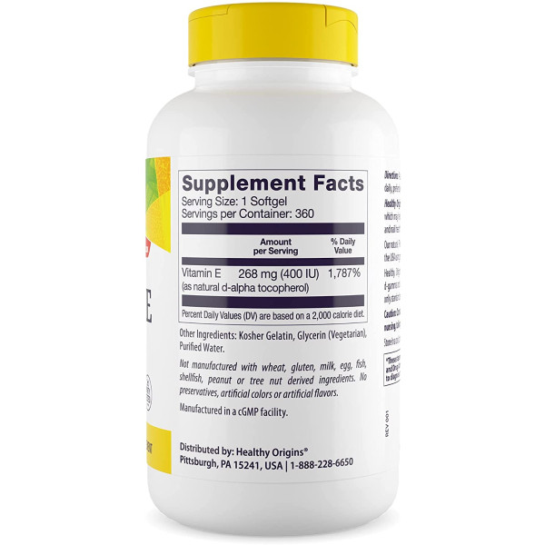 Вітамін Е, Vitamin E, Healthy Origins, 400 МО, 360 капсул