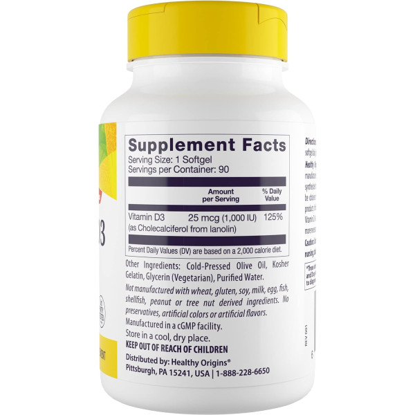 Вітамін D3, Vitamin D3, Healthy Origins, 1000 МО, 90 гелевих капсул